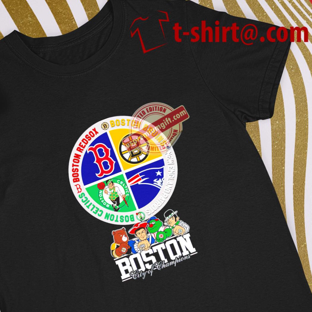 Awesome boston city of Champions Boston Bruins New England Patriots Boston Red Sox Boston Celtics mascots 4 team sport circle logo shirt