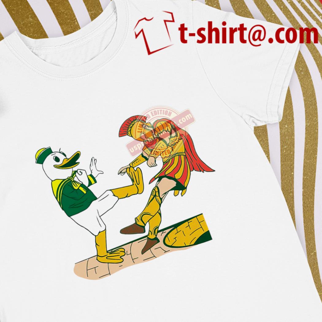 Best oregon Ducks vs. USC Trojans football The Oregon Duck kick over Traveler mascot funny shirt
