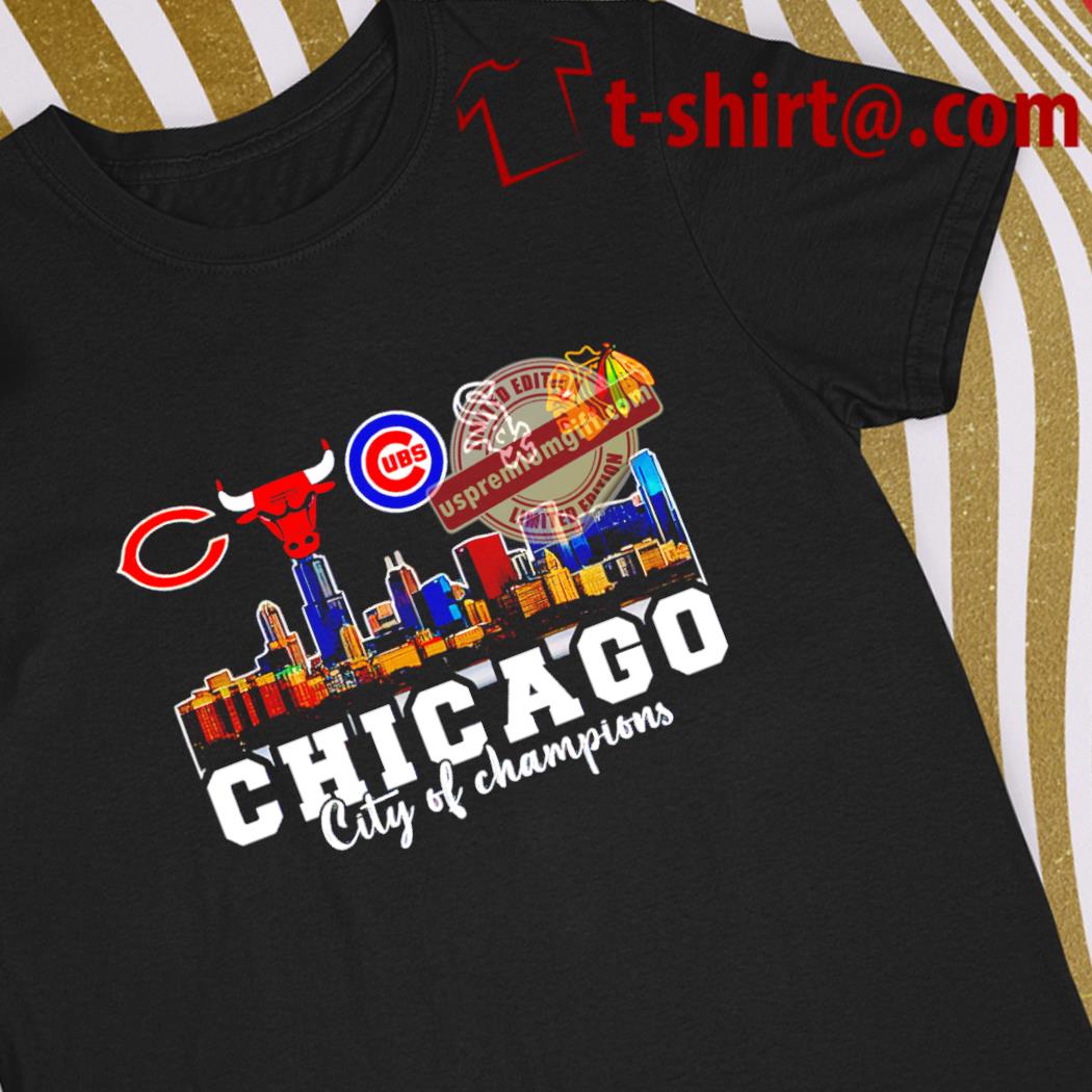 Official chicago city of Champions Bears Bulls Cubs White Sox Blackhawks all team sports logo shirt