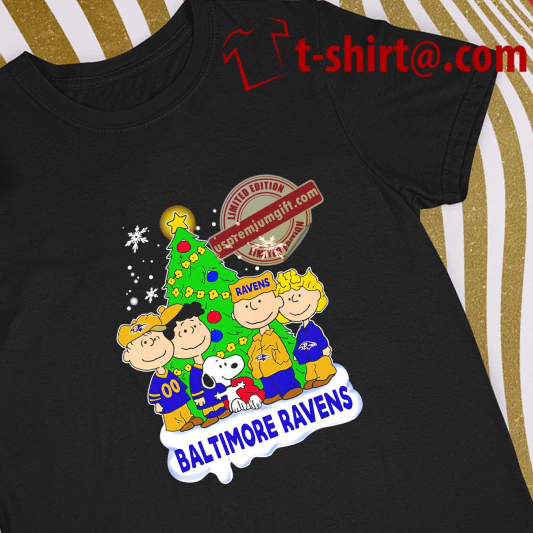 Official happy Merry Christmas Peanuts Christmas tree Baltimore Ravens football logo gift shirt