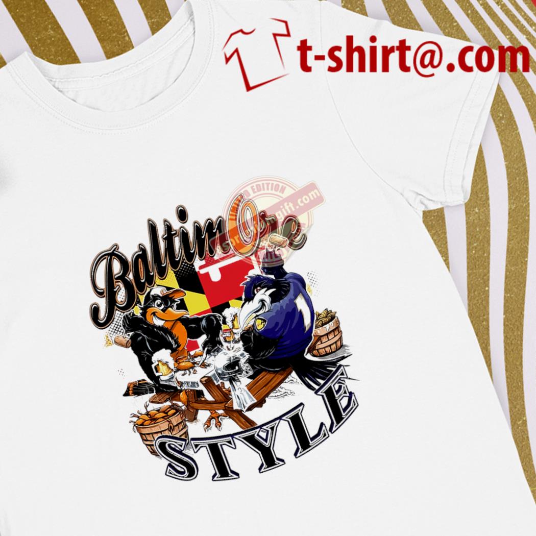 Premium baltimore style Baltimore Orioles baseball and Baltimore Ravens football mascot eat and drink shirt
